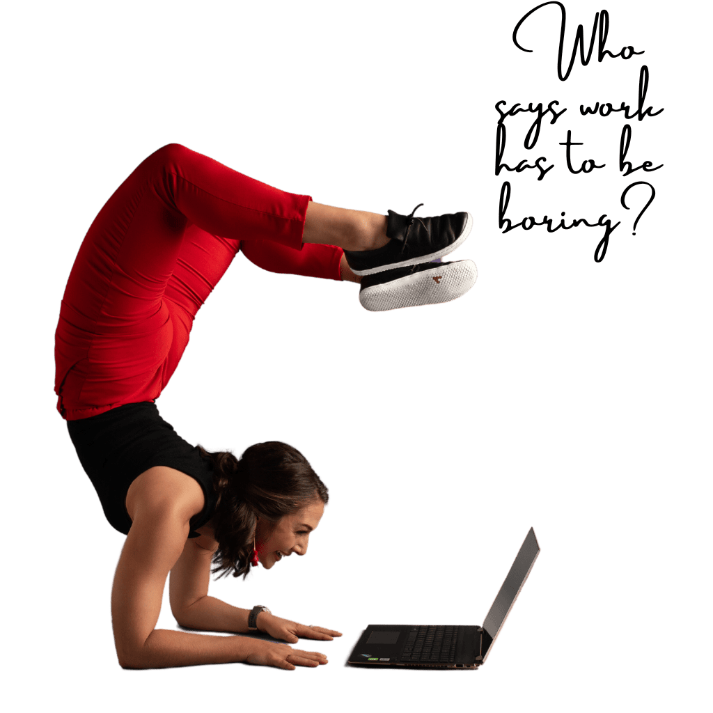 Brown haired female in yoga pose looking at laptop. Text reads "who says work has to be boring?"
