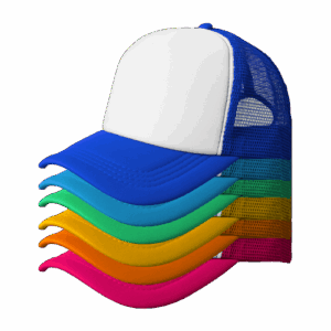Multiple ballcaps in a rainbow of colors stacked on top of each other