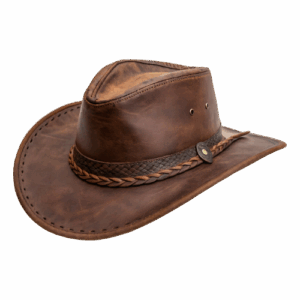 A dark brown cowboy hat with a leather braid around the rim