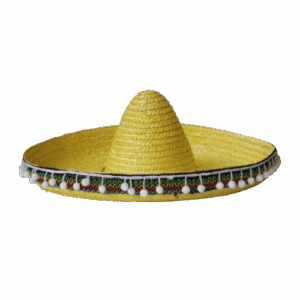 A yellow/tan sombrero with small puff balls hanging from the rim
